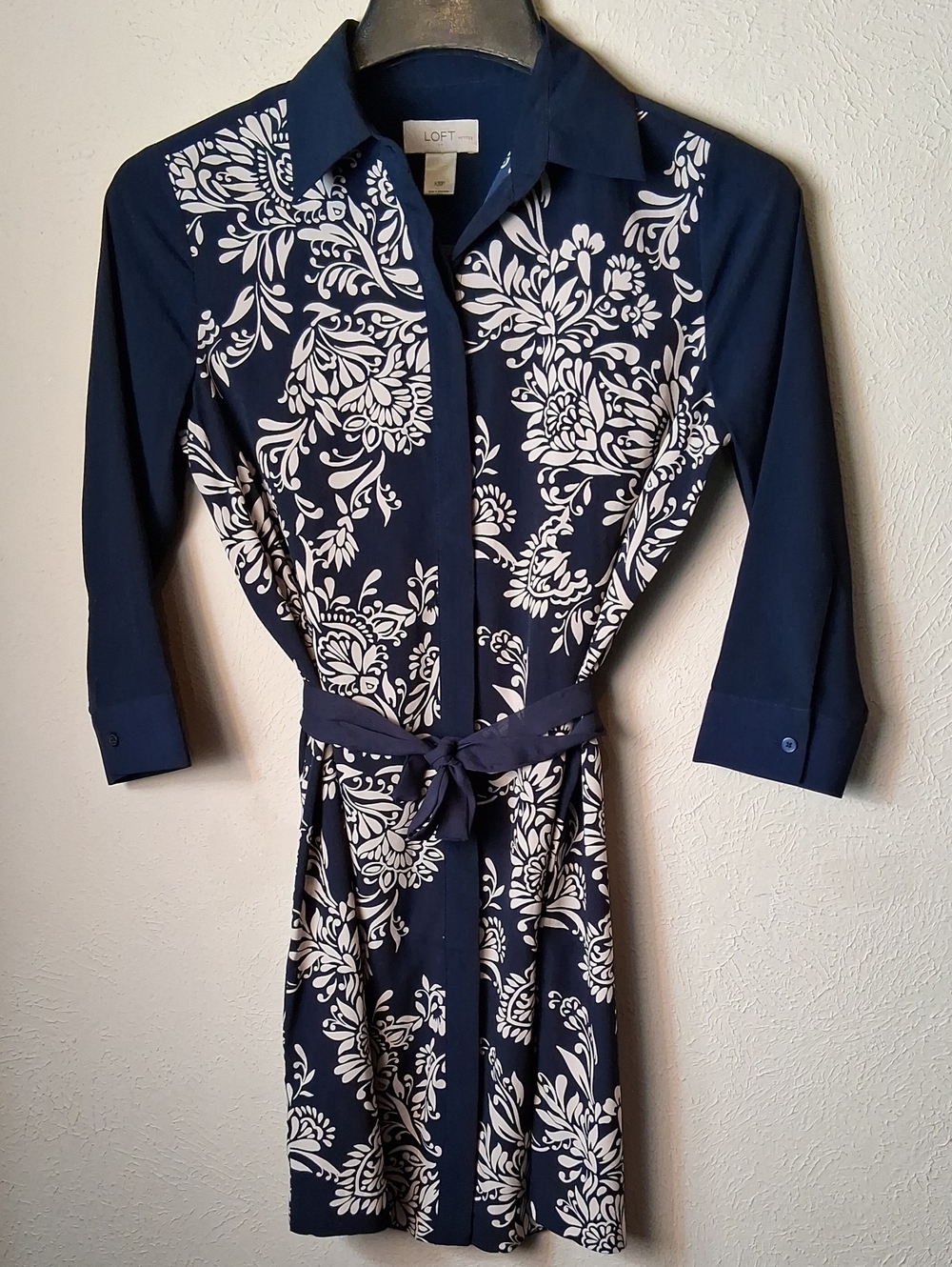 LOFT Navy and White Floral Midi Shirt Dress with Tie Belt Petites